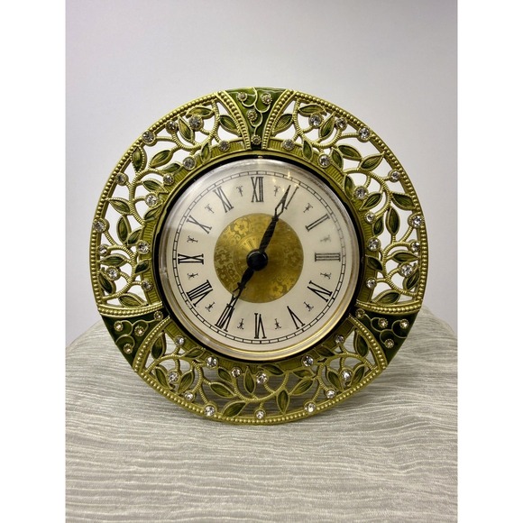 The Unbranded Brand Other - Vintage Enameled Green Tabletop Clock With Gemstones Quartz Works